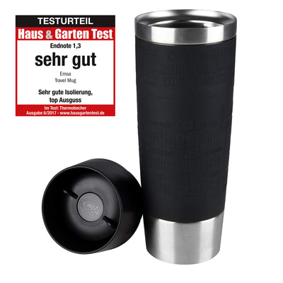 Emsa 515615 Travel Mug Classic Grande | 500ml | Thermobecher | Isolierbecher | hält 6h heiß, 12h kalt | auslaufsicher | Easy Quick-Press-Verschluss | 360°-Trinköffnung | Schwarz | 1 Stück