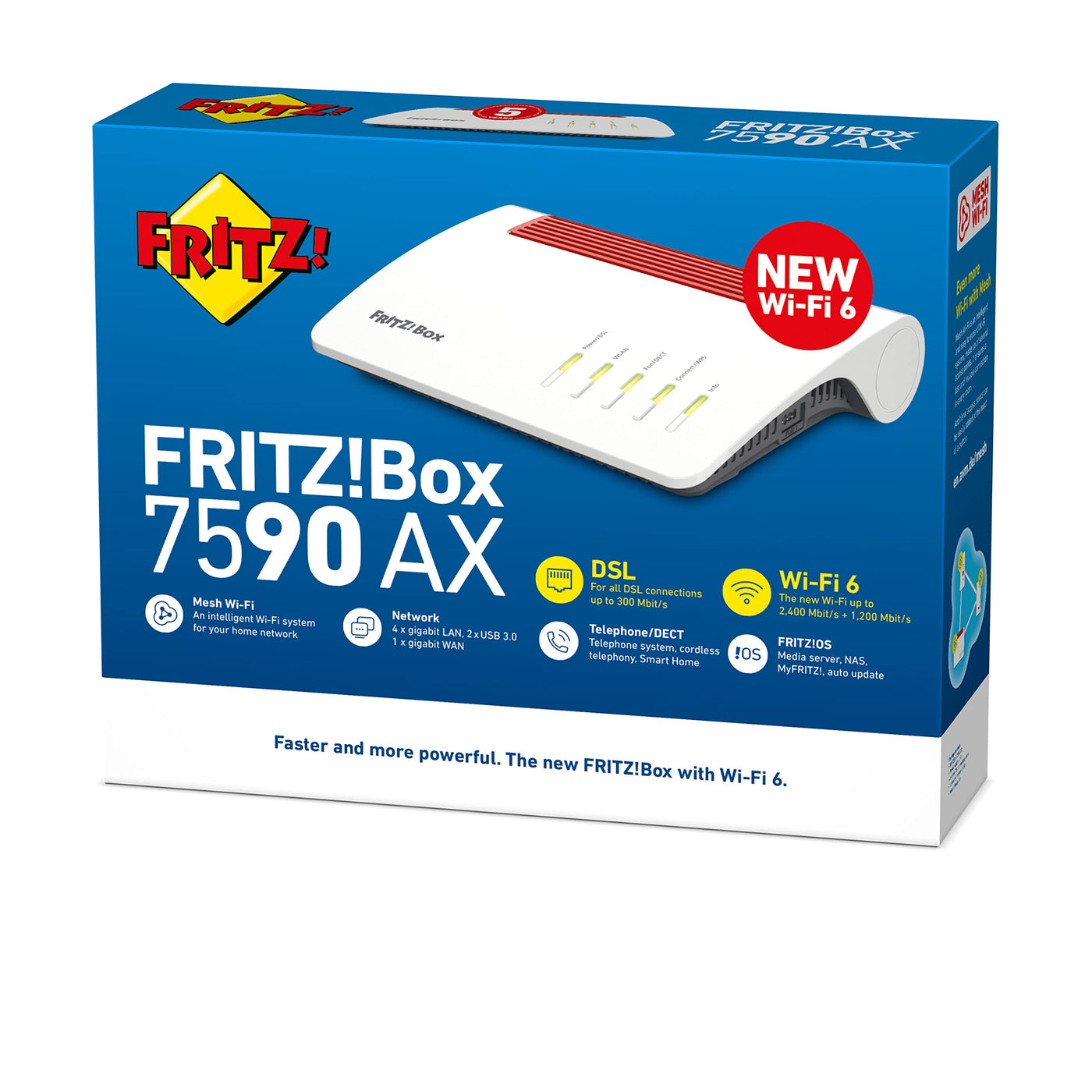 AVM FRITZ!Box 7590 AX International (DSL/VDSL WLAN Router mit Wi-Fi 6, 2.400 MBit/s (5GHz) & 1.200 MBit/s (2,4 GHz),VDSL-Supervectoring 35b, Mesh,DECT-Basis,geeignet für Österreich/Schweiz)