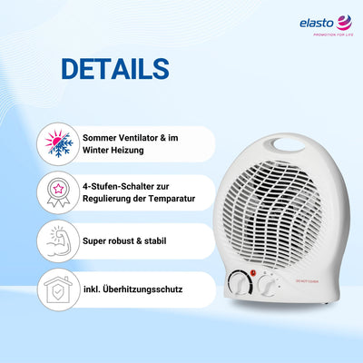 elasto – Heizlüfter 'Mobil' 2000W inkl. Ventilator – Standventilator sehr leise - tragbares Heizgerät mit Thermostat & 4-Stufen-Schalter - energiesparender Fan & Lüfter (Weiß)