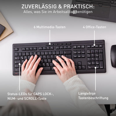 CHERRY STREAM DESKTOP, Kabelloses Tastatur- und Maus-Set, Schweizer Layout (QWERTZ), 2,4 GHz Funk, Leiser Tastenanschlag, Batteriebetrieben, Schwarz