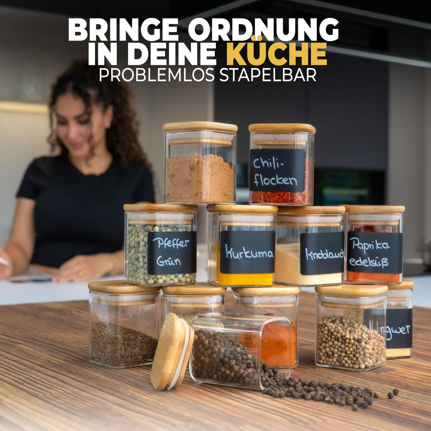 CLIDOR ® Gewürzgläser Eckig - 12 x 160 ml Set - Extra dickes Glas - Stapelbare Gewürzdosen mit Holzdeckel - Gewürz Organizer klein für die Küche - Spice Jars - geeignet als Gewürzaufbewahrung