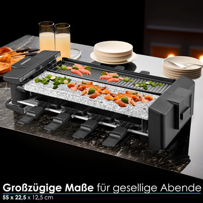 Steinborg Raclette Grill 2in1 8 Personen Raclette Gerät Raclettegrill Party Grill Elektro Grill Tischgrill Massive Naturstein- und beschichtete Grillplatte Heizelement aus Edelstahl 180° rotierbar