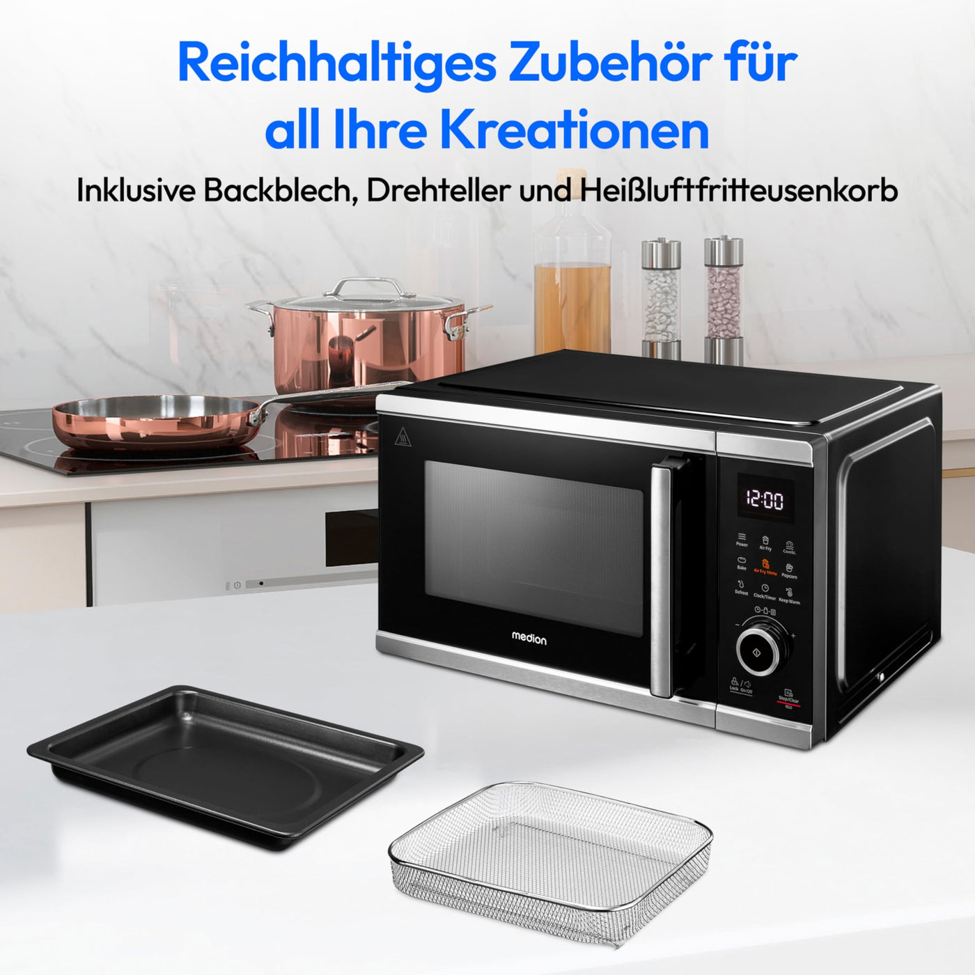 MEDION Mikrowelle mit Heißluftfritteusenfunktion (25 Liter, 1.500 Watt Heißluft, 900 Watt Mikrowelle, 9 Automatikprogramme, Popcorn-Taste, Auftaufunktion, LED Display, MD11499)