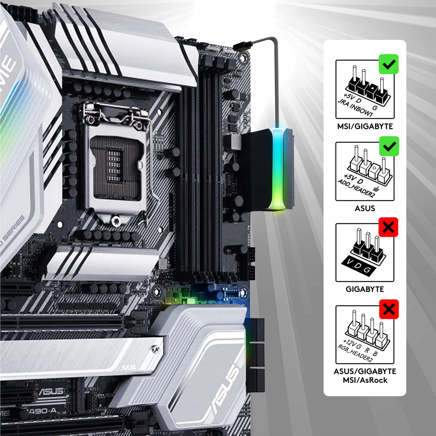 EZDIY-FAB ATX 24-Pin 90-Grad-Stromanschluss 5V 3 Pin ARGB Rainbow Buchse auf Stecker Netzteil für Computer-Motherboard ATX-Netzteil-1 Pack