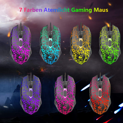 Gaming Tastatur Und Maus Set, QWERTZ German Layout Regenbogen LED Hintergrundbeleuchtung Ergonomische Keyboard 6 Tasten 2400 DPI Maus und Mauspad, USB Verkabelt, Kompatibel mit PS4 Xbox, Schwarz