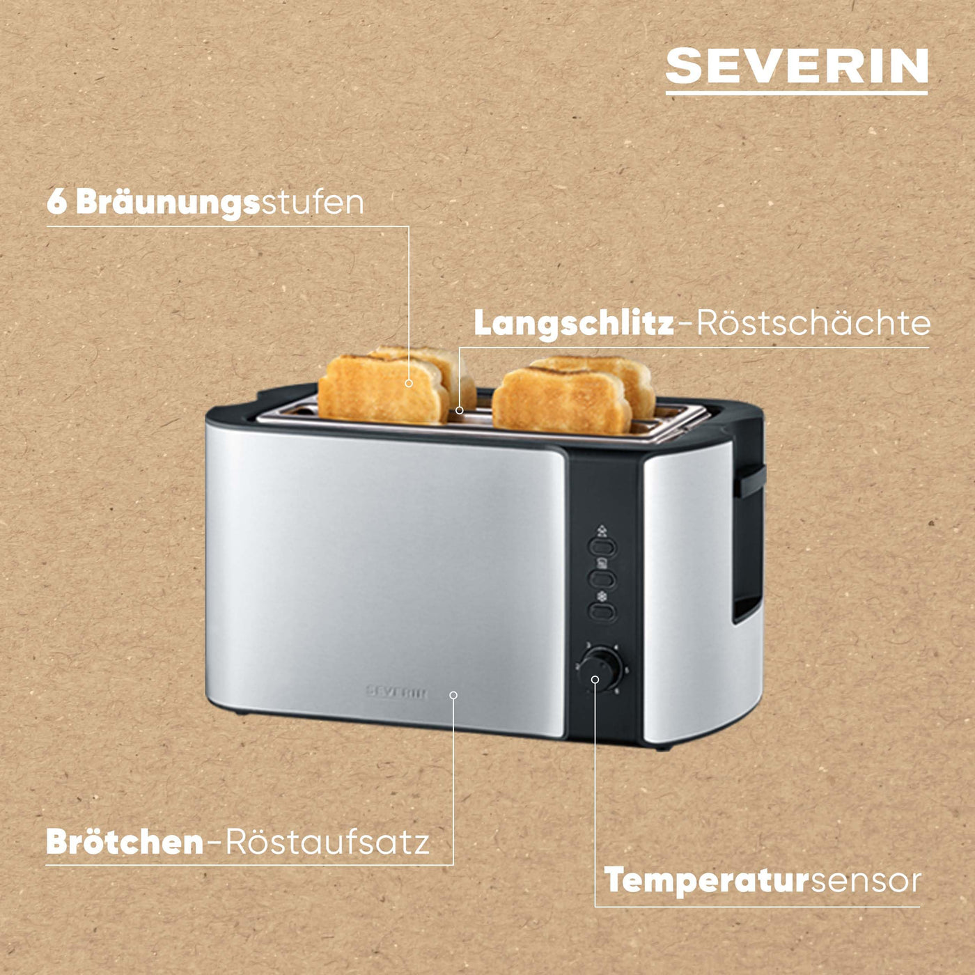 SEVERIN Automatik-Langschlitztoaster für 4 Toastscheiben, mit Brötchenaufsatz hochwertiger Edelstahl Toaster mit großen Röstkammern und 1.400 W Leistung, Edelstahl-gebürstet/schwarz, AT 2590