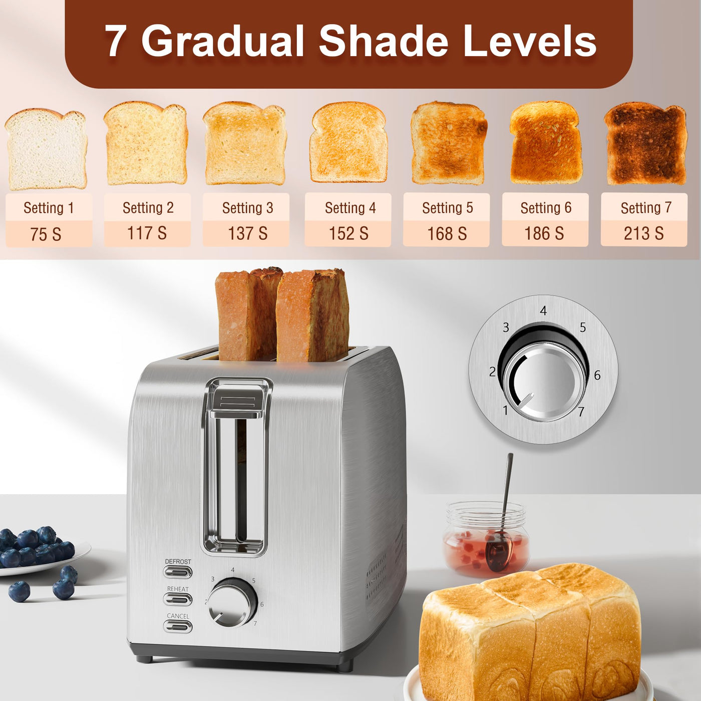 Runnatal Toaster–2 Toastschlitze, Edelstahl Toaster, Toaster 2 scheiben, 7 Stufen, Auftaufunktion, Aufwärmfunktion, Liftfunktion, Abschaltautomatik, Extra Breite Toastschlitze, Silber