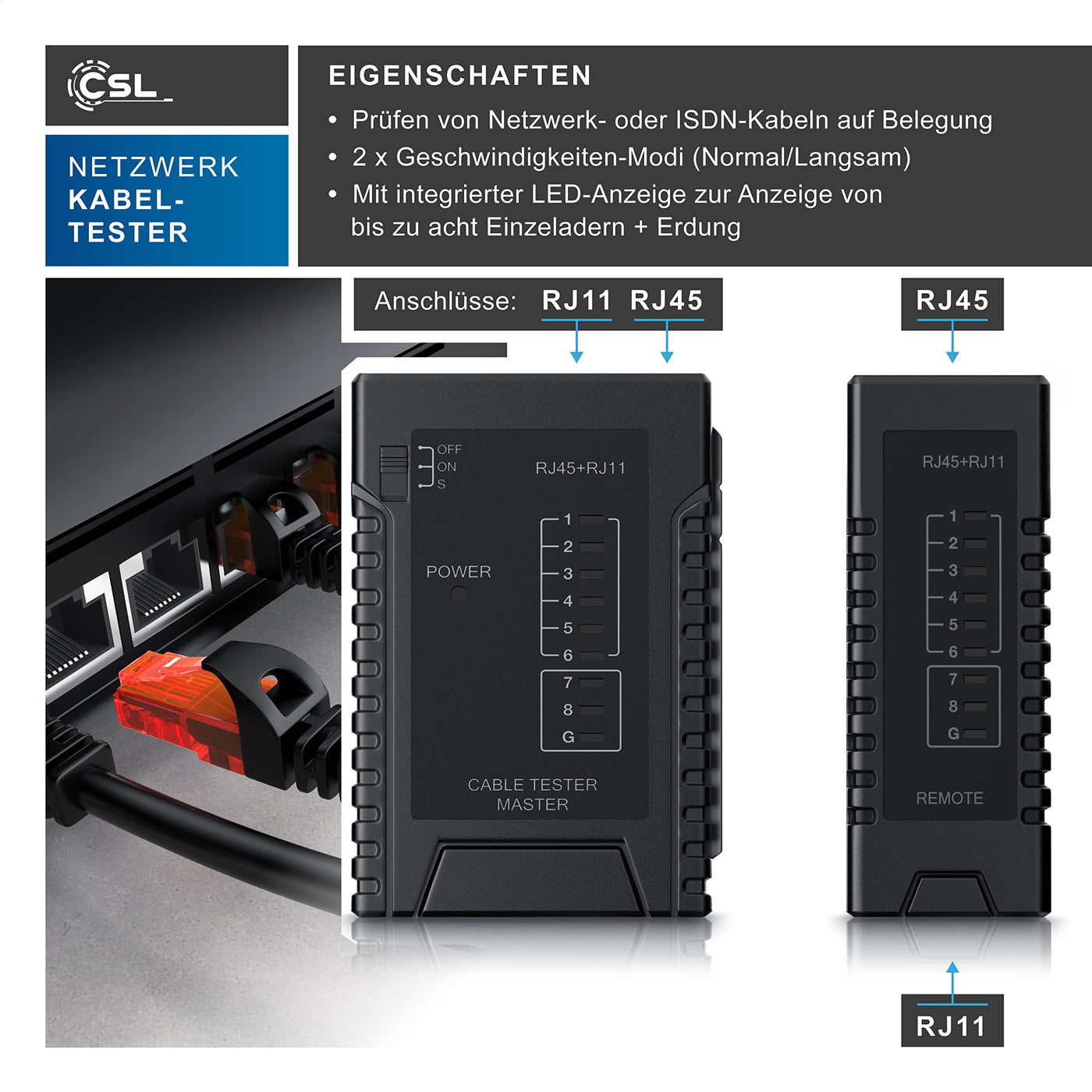 CSL Netzwerk Kabeltester für RJ45 RJ11-Kabel - Patchkabel-Tester Leitungstester - LAN Network Cable Tester - Zwei Verschiedene Geschwindigkeiten - Wahlschalter On Off - schwarz