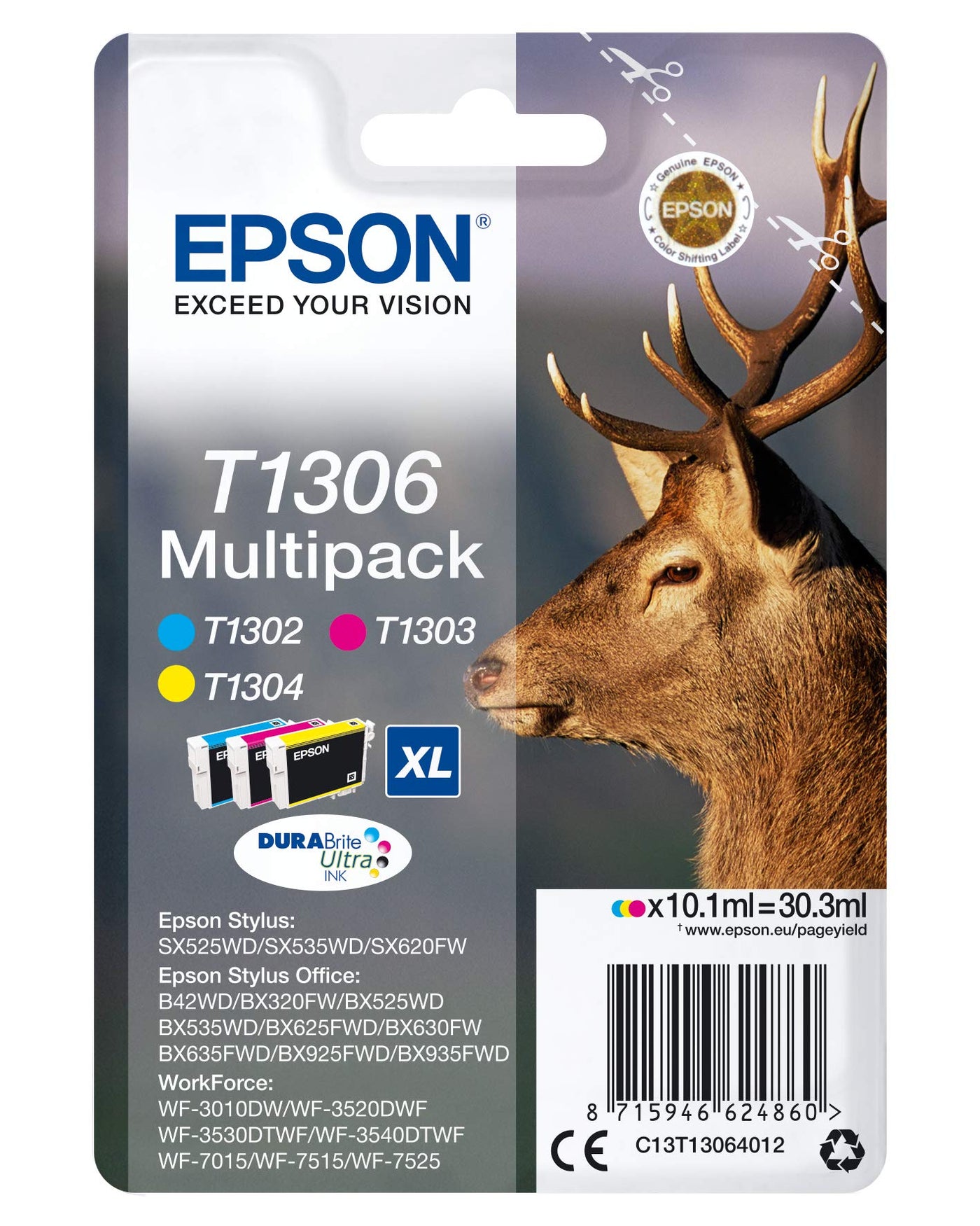 Epson 235M237 Original T1306 Tinte Hirsch (BX320FWSX620FWBX/SX525WDBX625FWDBX305FWB42WDBX925FWDBX635FWDBX535WDSX435/440WBX630FWSX235WWF701575157525301035203540)Multipack3-farbig