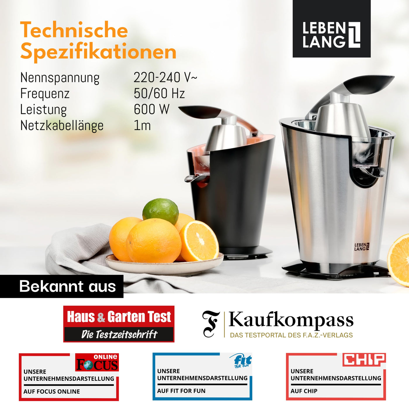 LEBENLANG Saftpresse elektrisch 600W - Inkl. Edelstahlkegel & BPA-Frei I Hohe Ergiebigkeit I Orangenpresse Zitruspresse Zitronenpresse Orangensaftpresse I Orange Juicer Press Zitronen