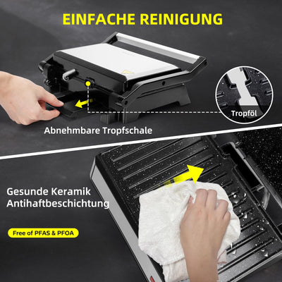 Aigostar Hett pro- Kontaktgrill für Sandwiches, Steak und als Panini Grill, Sandwichmaker mit Antihaftbeschichtung, 1500W Panini Grill mit Abnehmbare Ölsammelbox, 180º Öffnung.