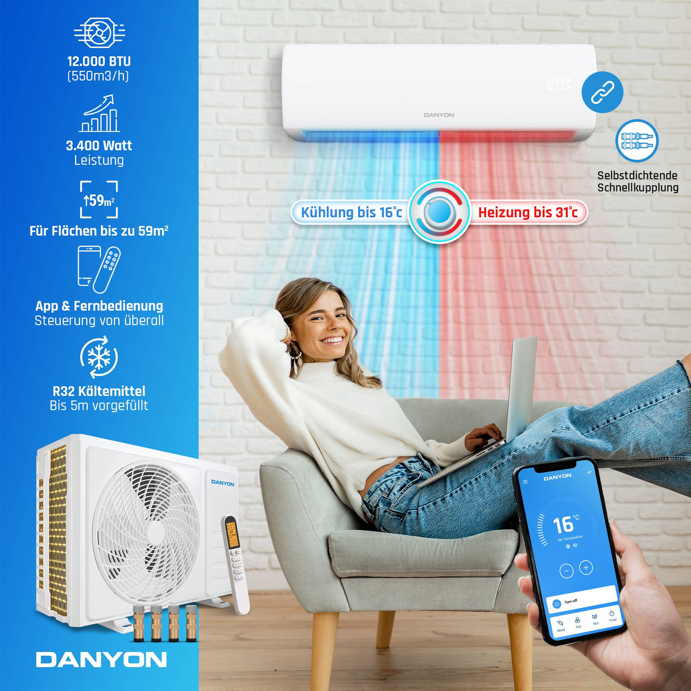 Danyon Split Klimaanlage Quick Connect - 12000 BTU (3,4 kW) - Inverter Klimagerät mit Heizfunktion, WiFi und App - bis 55qm - sehr leise - 5m Kupferleitung, Kältemittel R32, Montageset