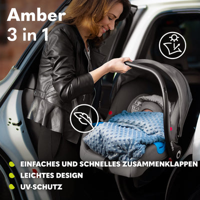 LIONELO Amber Kinderwagen 3 in 1 Kombikinderwagen Set sportlicher Sitz fester Babywanne Autositz Tasche Moskitonetz Regenschutz XXL-Dach mit Sonnenschutz (GRAU GRAFIT)