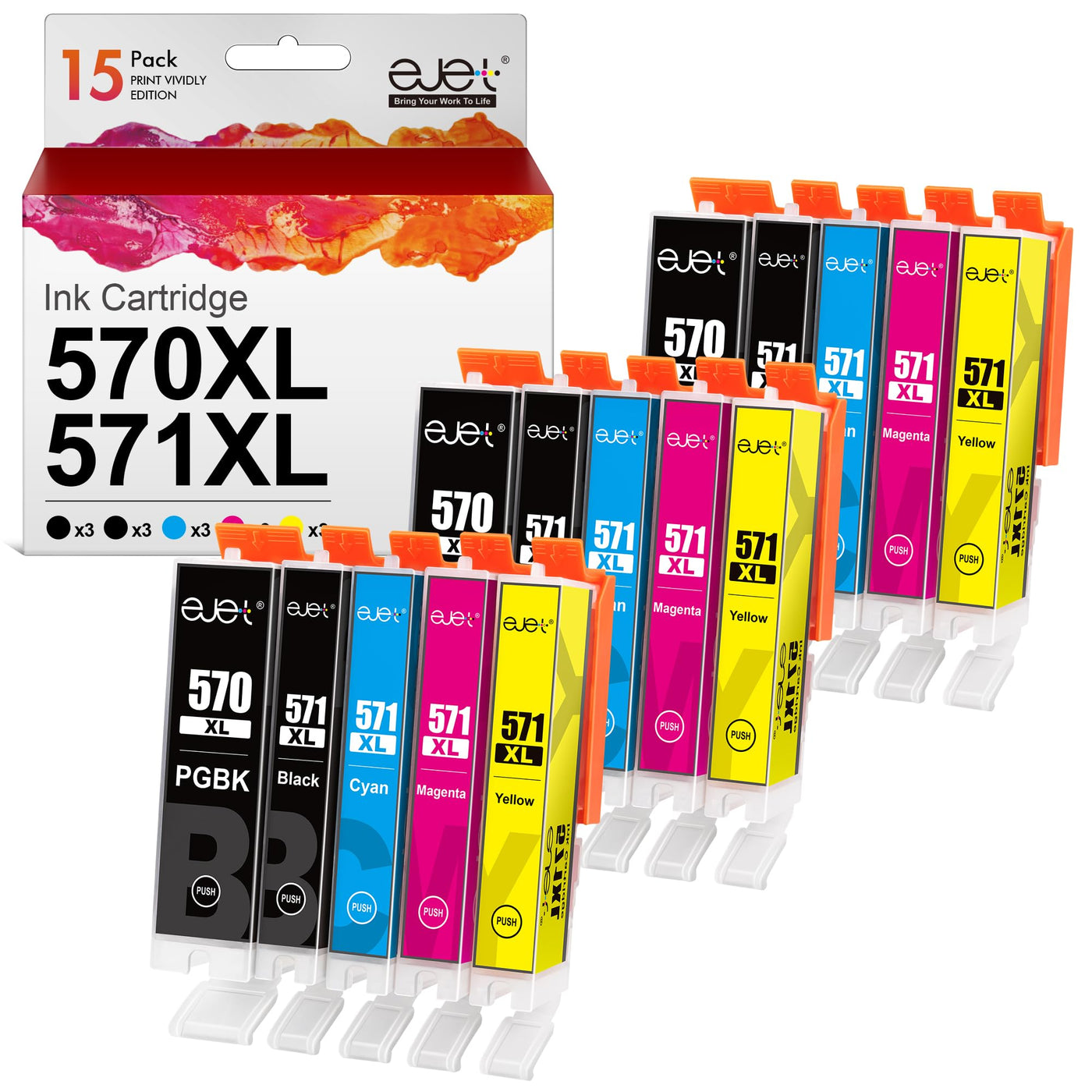 ejet 15er-Pack Kompatible Druckerpatronen für Canon PGI-570 XL CLI-571 XL Multipack Patronen für Pixma MG5750 TS5050 MG5700 MG5751 MG5753 MG6800 MG6850 MG6851 TS5051 TS5053 TS5055 TS6050 TS6051