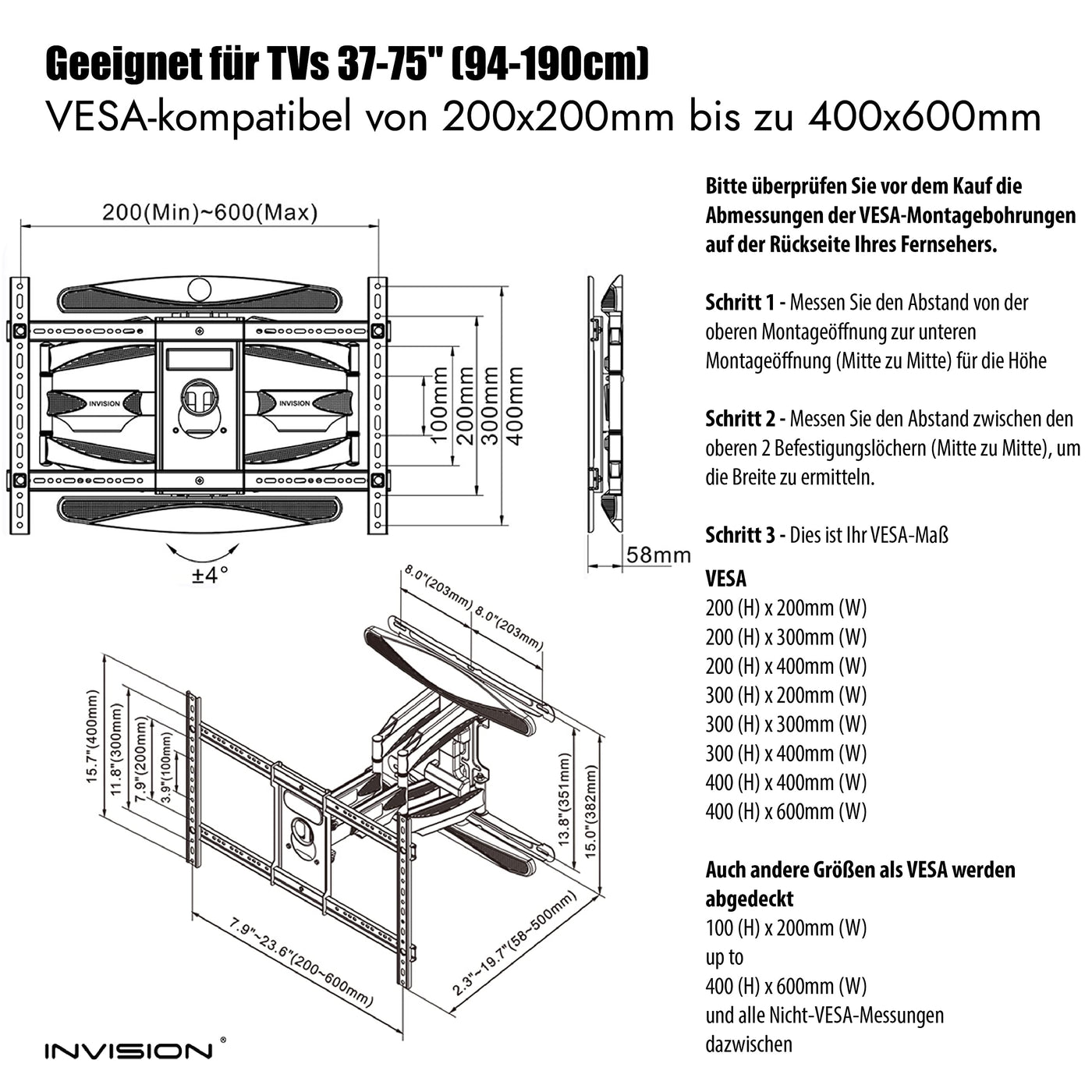 Invision TV Wandhalterung für 37-75 Zoll Bildschirme, Schwenkbar Neigbar und Ausfahren TV Halterung für Flache und Gebogene Fernseher, Max Gewicht 50kg, VESA 200x100mm zu 600x400mm (DXL-DE-IA)