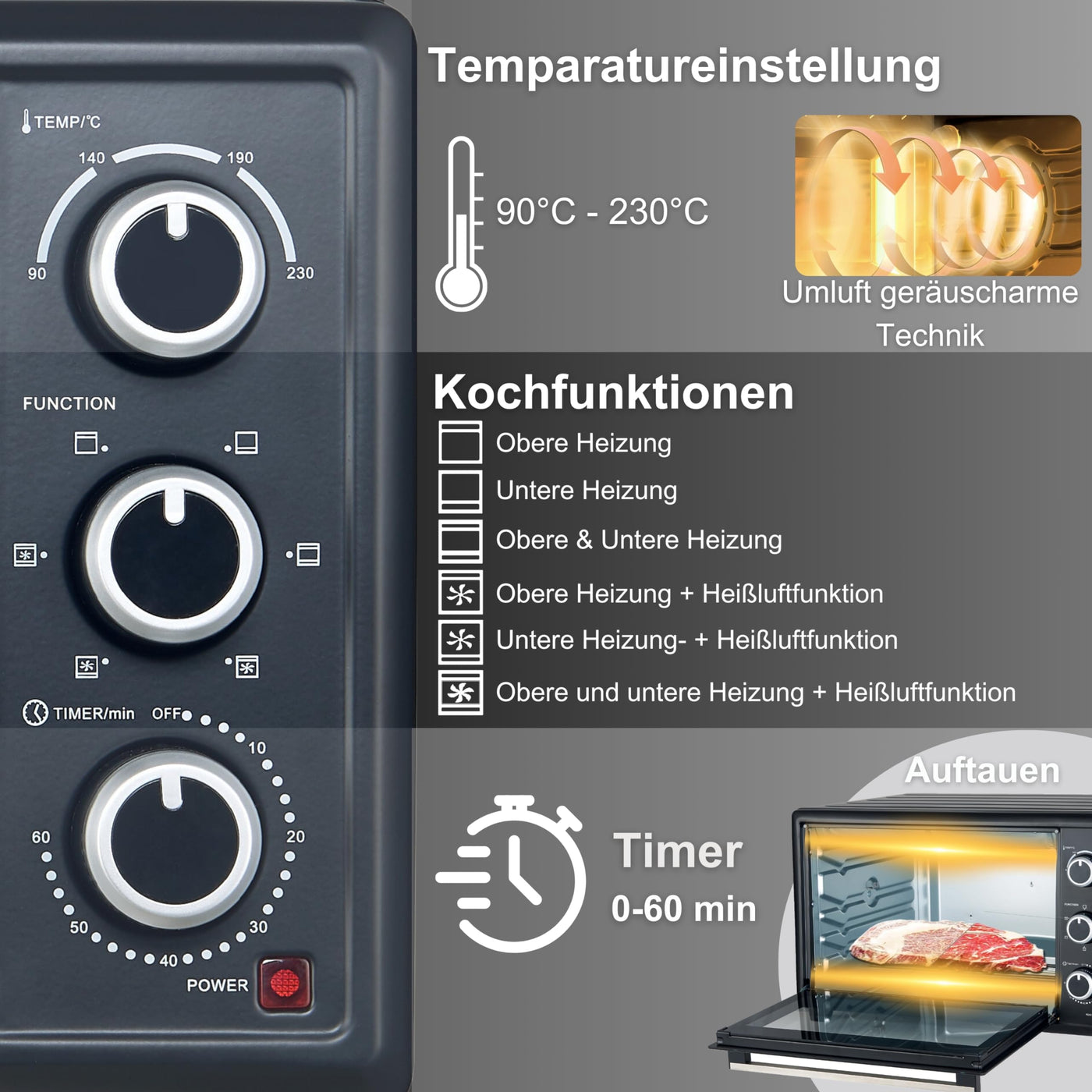 OptimumX 20 L Minibackofen, Klein mini Backofen mit Umluft, 60 Min Timer, Pizza-Ofen, 1380 W, Schwarz