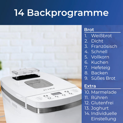 KLAMER Brotbackautomat, 14 Backprogramme, 3 einstellbare Bräunungsstufen, automatische Zubereitung von Brot, Kuchen, Pizzateig, Joghurt & Marmelade, Backform antihaftbeschichtet, Weiß