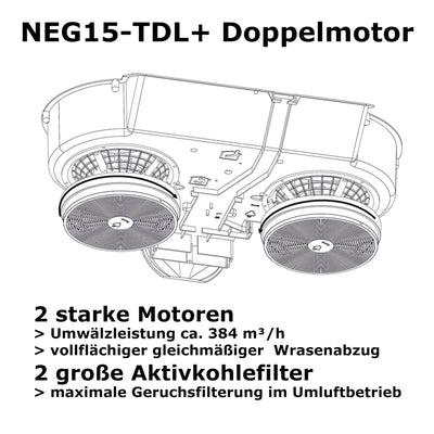 Doppelmotor Design Unterbau-Dunstabzugshaube NEG15-TDLS+ (Edelstahl, silber), Glas-Front mit Sensor Touch, 384 m³/h Umwälzleistung, Nachlauffunktion, Abluft und Umluftbetrieb