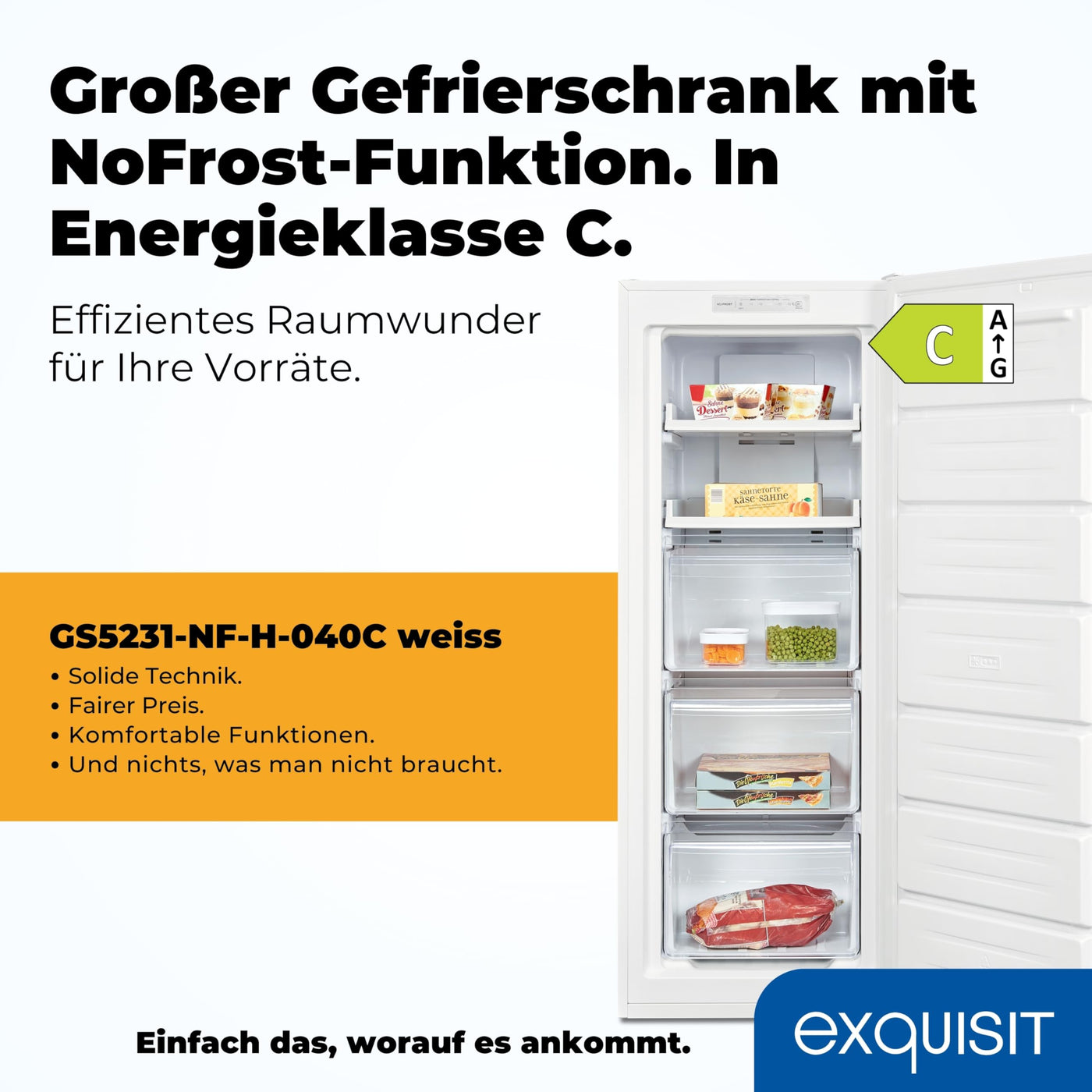 Exquisit Gefrierschrank NoFrost, Tiefkühlschrank groß, 161 Liter, Schnellgefrieren, Alarm-Funktion, GS5231-NF-H-040C weiss