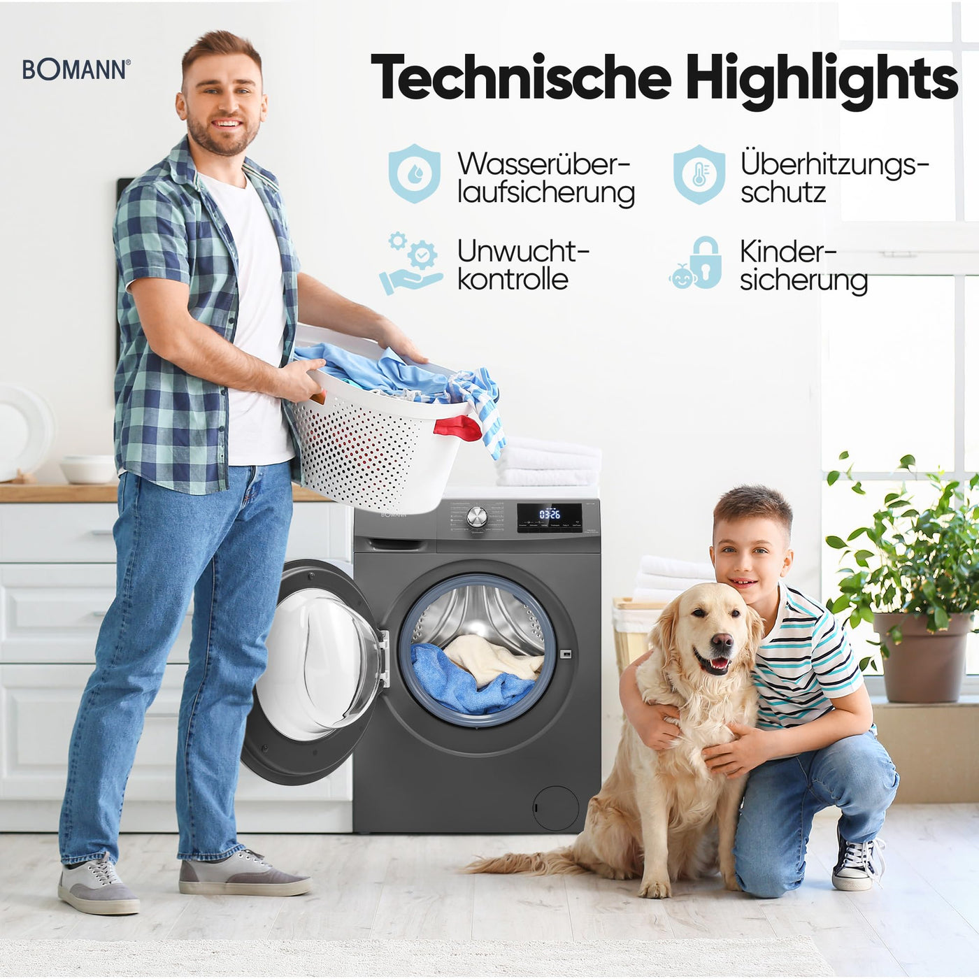 Bomann® Waschtrockner | Waschen und Trocknen in einem Durchgang | 8 kg Waschen, 5 kg Trocknen | Invertermotor | 1400 U/Min | Dampffunktion | Waschmaschine mit Trockner integriert | WAT 7186 titan