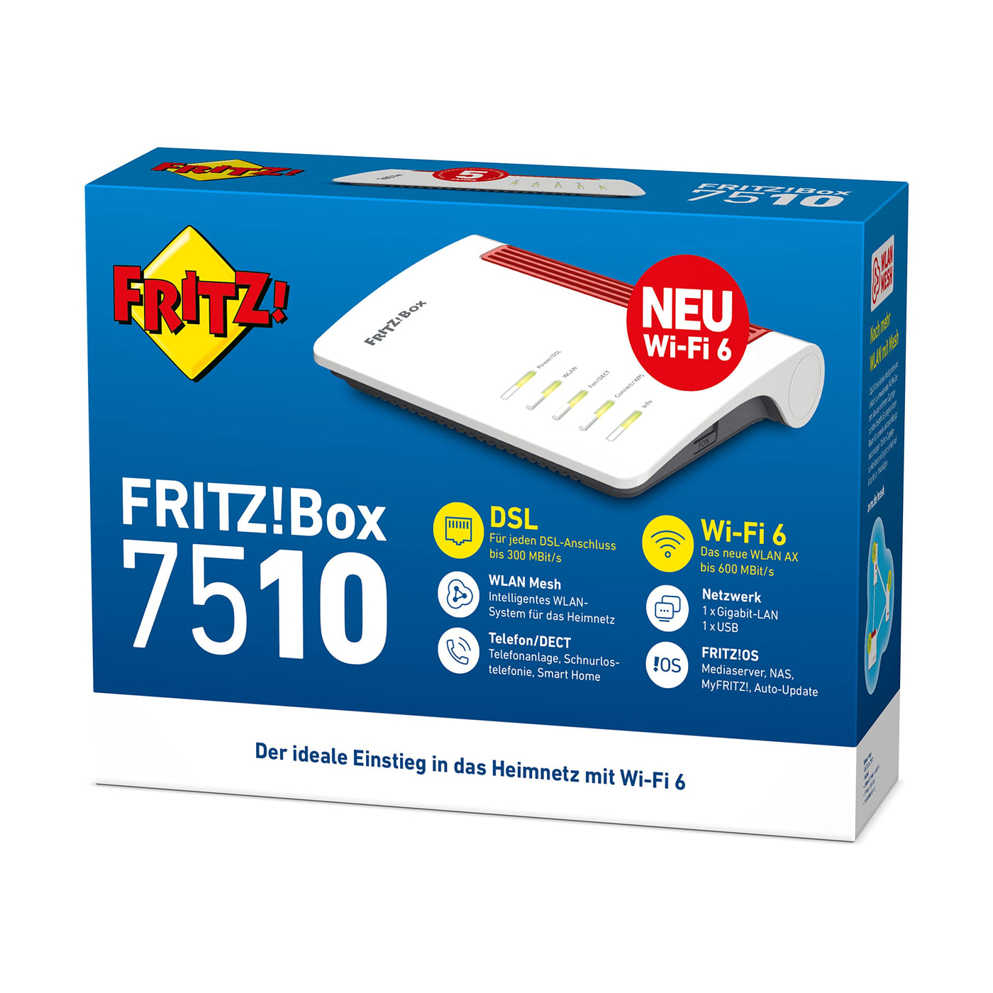 AVM FRITZ!Box 7510 (Wi-Fi 6 DSL-Router (WLAN AX), bis zu 600 MBit/s (2,4 GHz), VDSL-Supervectoring 35b bis zu 300 MBit/s, WLAN Mesh, DECT-Basis, Media Server, geeignet für Deutschland)