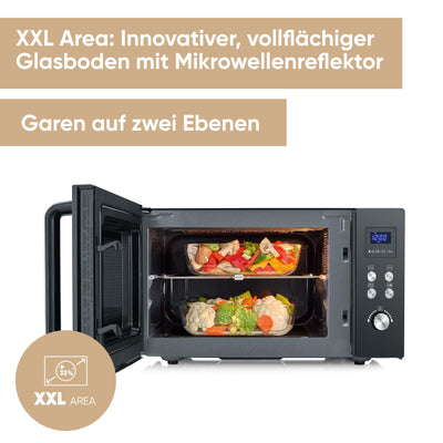 SEVERIN 2-in-1 Mikrowelle mit Grill, Grillen auf 2 Ebenen, flacher Glasboden statt Drehteller, XXL-Nutzfläche, leichte Reinigung, 9 Automatikprogramme, Mikrowellengerät, 25L, Schwarz, MW 7763