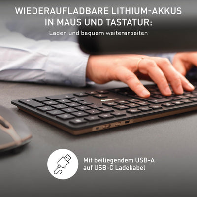 CHERRY DW 9100 SLIM, Kabelloses Tastatur- und Maus-Set, UK-Layout (QWERTY), Bluetooth & 2,4 GHz Funk, Leise Tasten, Wiederaufladbar, Schwarz-Bronze