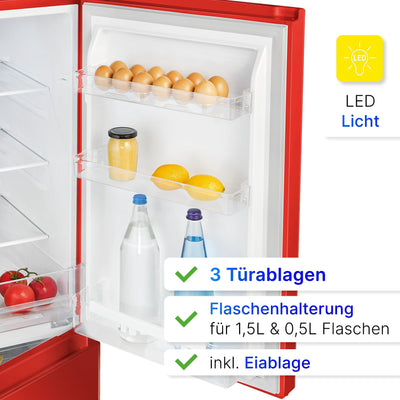 Bomann® Kühlschrank mit Gefrierfach 143cm hoch | Kühl Gefrierkombination 175L mit 3 Ablagen & 3 Schubladen | Türanschlag wechselbar | leise Kühlgefrierkombi 39db | Kühlschrank KG 320.2 rot