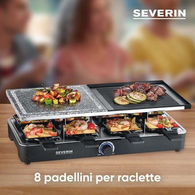 SEVERIN Raclette-Grill mit Naturgrillstein und Grillplatte, Raclette mit antihaftbeschichteter Grillplatte und 8 Pfännchen, Tischgrill für 8 Personen, max. 1300 W, schwarz, RG 2371