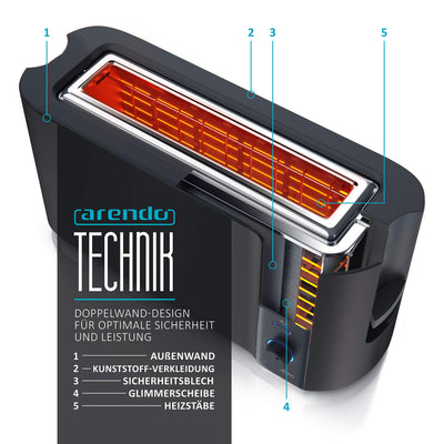 Arendo - Grille-pain fente longue 2 tranches - Fonction décongélation - 1000 W - Boîtier à double paroi - Chauffe-petits pains intégré - Niveaux de brunissage 1 à 6 - Affichage avec indicateur de temps restant - Acier inoxydable noir mat
