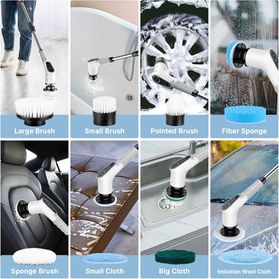 Elektrische Reinigungsbürste, 8 in 1 Electric Cleaning Brush mit austauschbaren Bohrbürstenköpfen, Wanne mopSet, Elektrische Putzbürste mit Verstellbarem Griff für Bad Küche Auto Fußboden