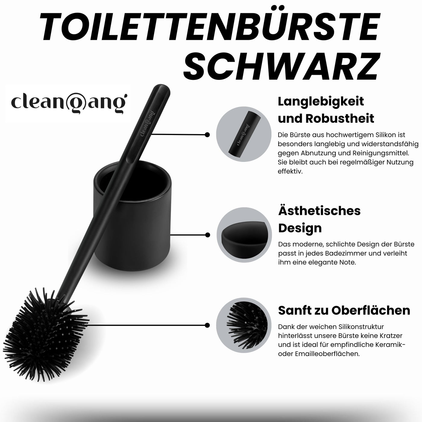 Cleangang® Klobürste Toilettenbürste WC Bürste Schwarz Silikon mit klobürstenhalter Set - WC Garnitur - schnell trocknende Klobürste in zeitlosem Design