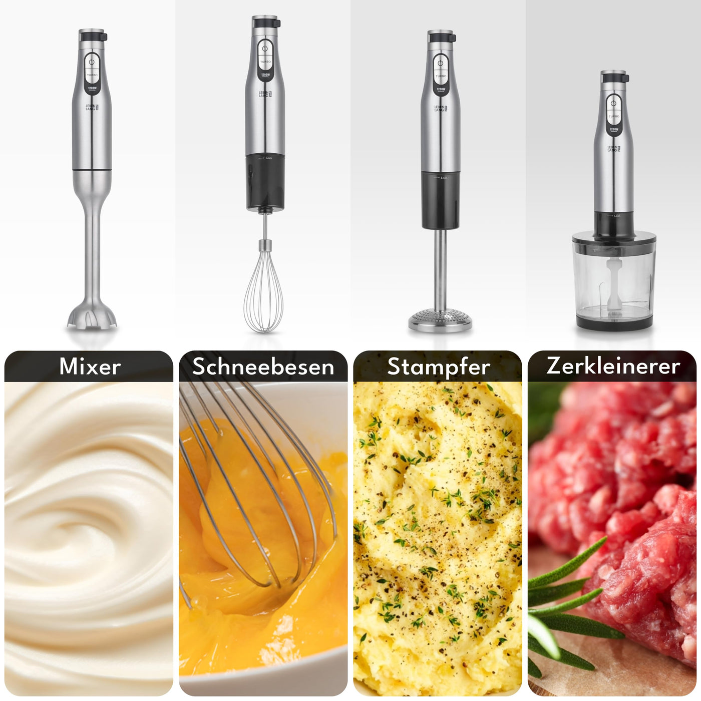 LEBENLANG Premium 1200W Stabmixer Set - Inkl. 5x Zubehör & Spritzschutz I Stufenlos verstellbar & Turbo I Elektrische Hand Blender Pürierstab Edelstahl Zauberstab Mixer Mixstab Purierstabmixer Stab