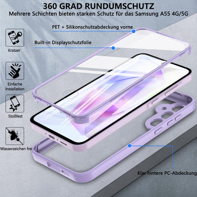 OWKEY für Samsung Galaxy A55 Hülle, Stoßfest Silikon Samsung A55 5G Handyhülle, 360° Rundumschutz Schutzhülle mit Integriertem Displayschutz, Bumper Case für Samsung Galaxy A55 (Lila)