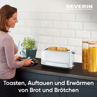 SEVERIN Automatik-Langschlitztoaster, 4 Toast, Automatik-Toaster mit Brötchenaufsatz, Edelstahl Toaster zum Toasten, Auftauen und Erwärmen, 1.400 W, weiß / grau, AT 2234