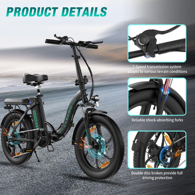 ELEKGO E Bike Klapprad, 20"*3.0 Fettreifen Elektrofahrrad, 250W Motor, 36V 12Ah Akku, 7-Gang Zusammenklappbare, Maximale Laufleistung 35–90 km