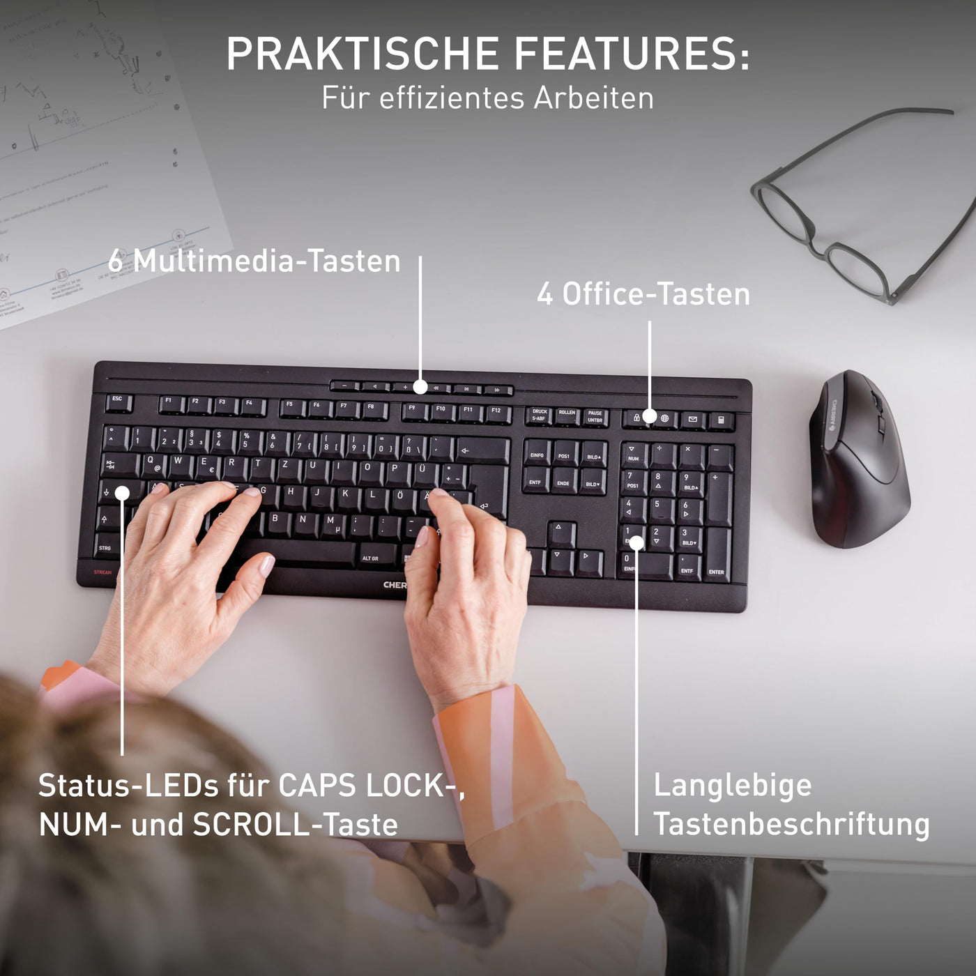 CHERRY STREAM KEYBOARD WIRELESS, Kabellose Tastatur, Deutsches Layout (QWERTZ), 2,4 GHz Funk, Leise Tasten, Flaches Design, Batteriebetrieben, Schwarz