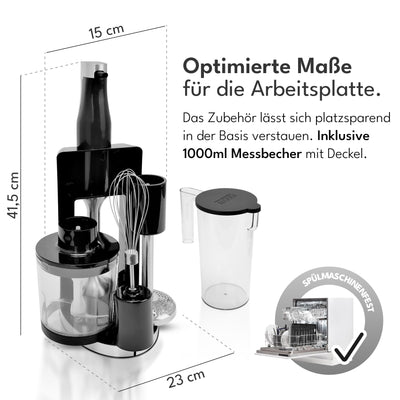 LEBENLANG Premium 1200W Stabmixer Set - Inkl. 5x Zubehör & Spritzschutz I Stufenlos verstellbar & Turbo I Elektrische Hand Blender Pürierstab Edelstahl Zauberstab Mixer Mixstab Purierstabmixer Stab