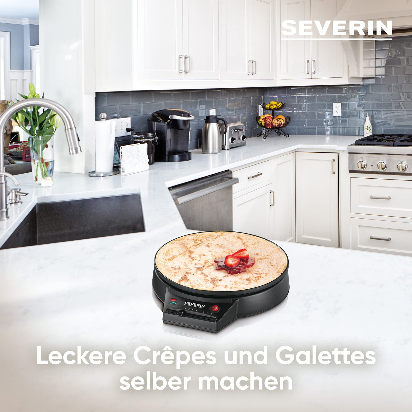 SEVERIN Crêpes Maker, Crepes-Eisen für süße Crepes und herzhafte Galettes, Crepesmaker mit XXL Grillplatte (30 cm Durchmesser), stufenlose Temperatureinstellung, schwarz, CM 2198