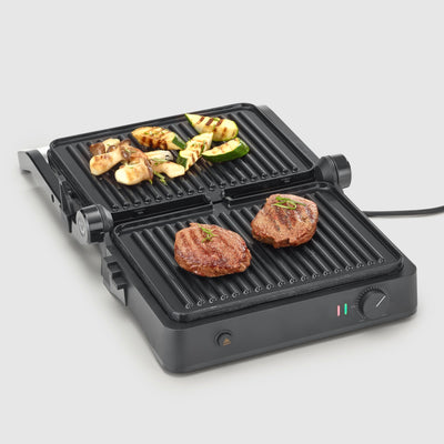 SEVERIN SEVINI Lite, Kontaktgrill für Fleisch, Fisch & Gemüse, Keramikbeschichteter Sandwich-Maker für fettfreies Grillen, Indoor-Grill bis zu 220°C Hitze, 1.800 W, schwarz, KG 2398