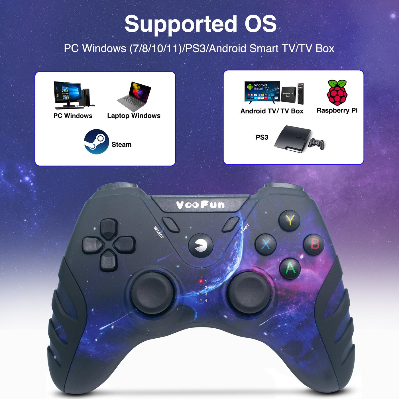 VooFun PC Controller Wireless, Gamepad PC PS3 Controller mit Hall Effekt Joystick, Dual-Vibration, 2.4g Gaming Controller für Windows 11/10/8/7, PS3, Laptop, Steam, Android TV/TV Box, Galaxie