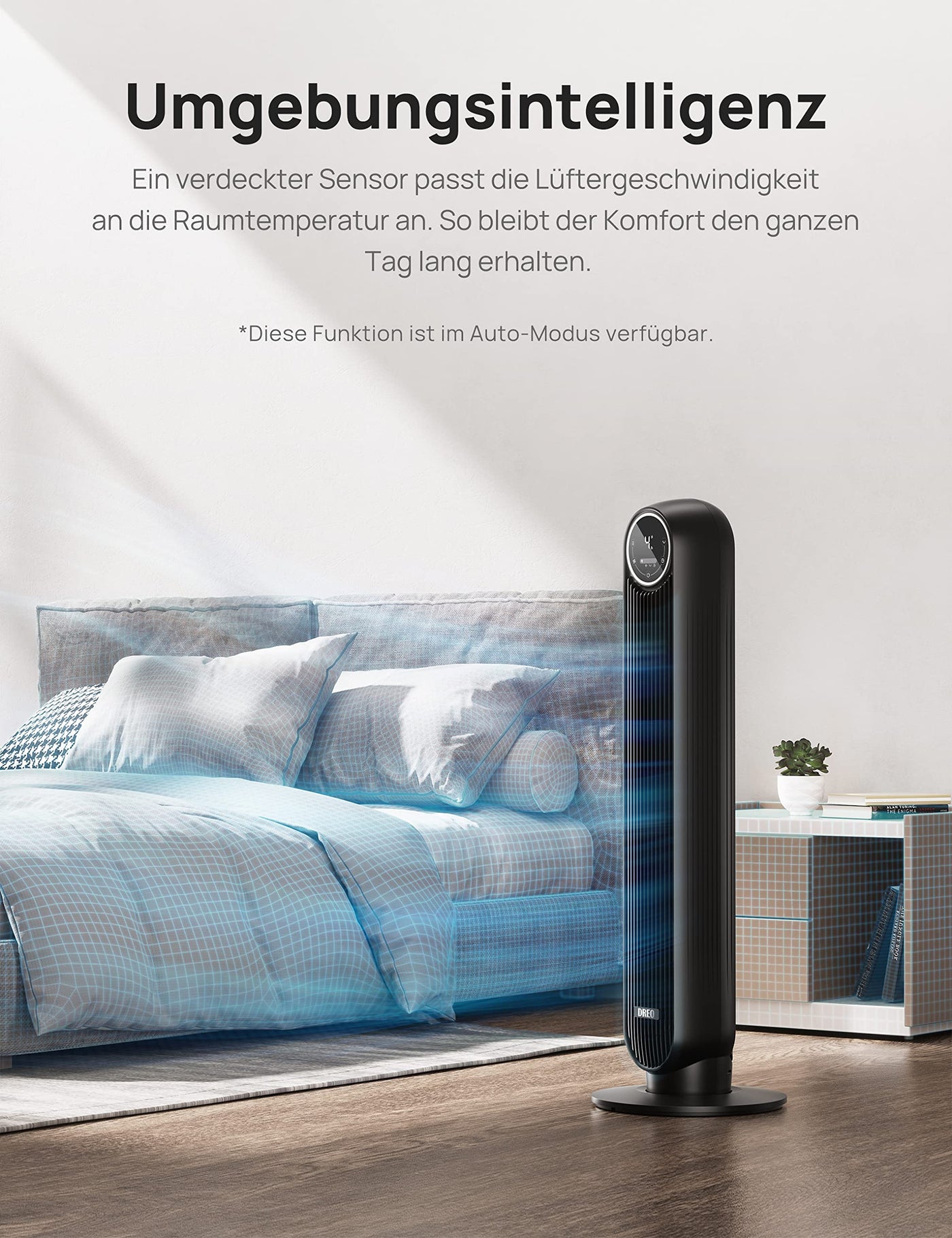 Dreo 28dB Leiser Turmventilator, 7,3m/s Geschwindigkeit 4 Geschwindigstufen 4 Modi 8 Std. Timer 90° oszillierende Ventilatoren mit Kühlung Fernbedienung für Schlafzimmer, Nomad One, Schwarz