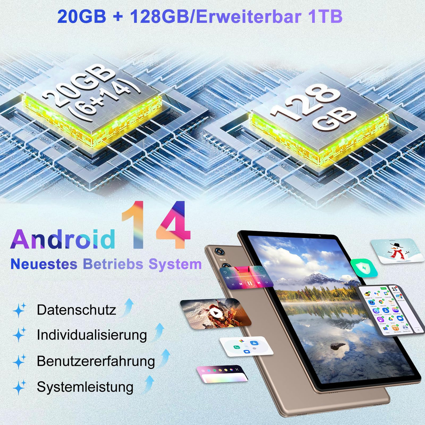 Biegedy Tablet 10 Zoll Android 14 Octa-Core, 2024 Newest Tablet PC 20 GB RAM+128 GB ROM (TF1 TB),5G WLAN 6丨Widevine L1丨GMS丨6000mAh丨5+8MP丨Bluetooth5.0丨1280 * 800丨Tablet mit Tastatur Maus Gold