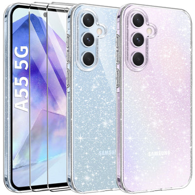 AROYI 3 in 1 Klar Glitzer Handyhülle Kompatibel mit Samsung Galaxy A55 5G Hülle Glitzer mit 2 Stück Schutzfolie, Handyhülle Samsung A55 5G Transparent Weiche TPU Silikon Case [Anti-Yellowing]