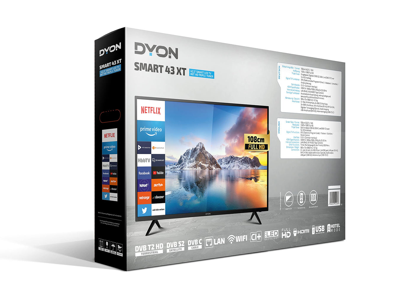 Téléviseur DYON Smart 43 XT 108 cm (43 pouces) (Smart TV Full HD, triple tuner HD (DVB-C/-S2/-T2), Prime Video, Netflix et HbbTV) [Année modèle 2022]