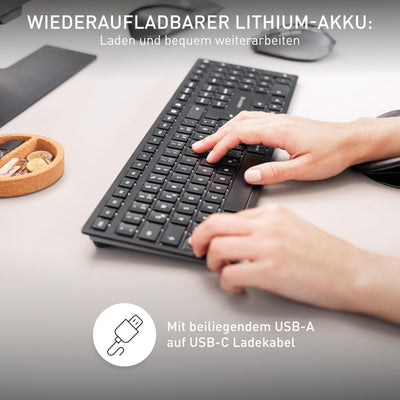 CHERRY KW 9100 SLIM, Kabellose Design-Tastatur, Deutsches Layout (QWERTZ), Wahlweise Bluetooth oder 2,4 GHz Funk, Flache Tasten, Wiederaufladbar, Schwarz-Grau