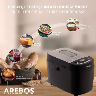 Arebos Brotbackautomat 1500g | mit 15 Programmen | 2 Knethaken | Timer | LCD Display | 3 Bräunungsgrade und Brotgrößen | 850 W | Schwarz