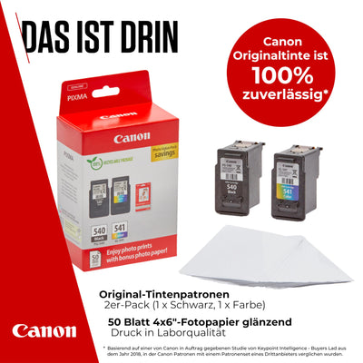 Canon Tinte & Papier Multipack - PG-540/CL-541 Original Drucker-Tintenpatronen 2er-Pack (1 x Schwarz, 1 x Farbe) & 4x6 Fotopapier (50 x Blatt) - Kompatibel PIXMA Druckern