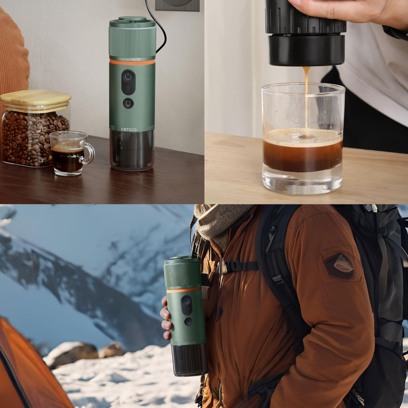 COTGCO Tragbare Kaffeemaschine mit Akku für Reise - Tragbare Espressomaschine für Camping - Erhitzt 40 ml Kaffee in 3 Minuten im Auto - Kaffee Genießen Outdoor - Kompatible Nespresso Kapseln - Grün