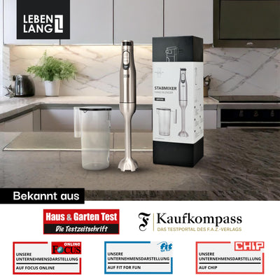 LEBENLANG Premium 1200W Stabmixer Edelstahl - Single & Set Version I Stufenlos verstellbar & Turbo I Elektrische Hand Blender Pürierstab Edelstahl Zauberstab (Stabmixer + Messbecher - 1200W)